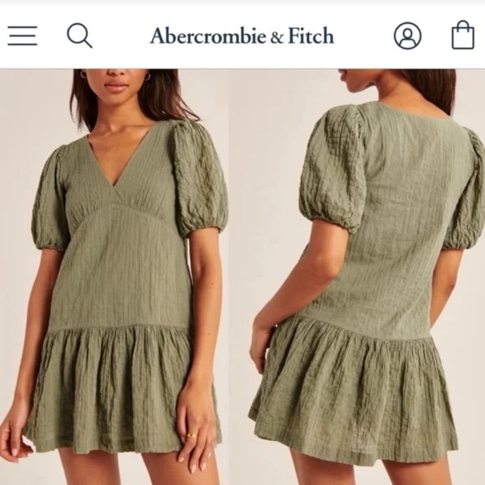 Abercrombie & Fitch Puff Sleeve Trapeze Mini Dress Green Textured S